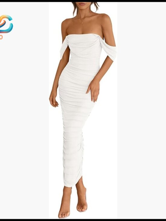 Dresses & Skirts - Off Shoulder Ruched Bodycon Maxi Dress Strapless Backless Split Hem